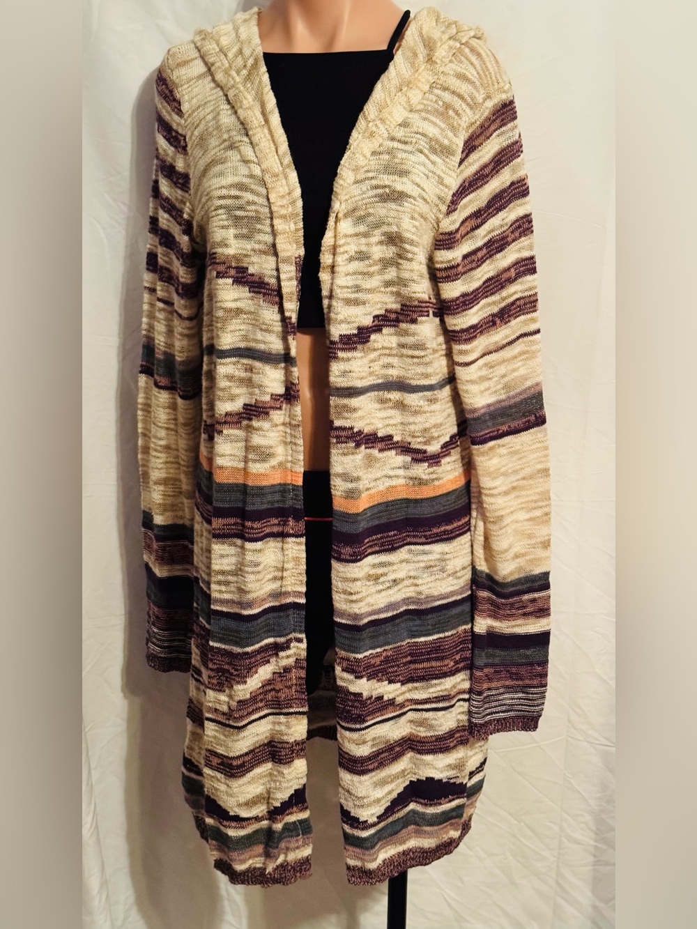 Maurices Striped Hooded Open Duster Cardigan - Cream, Purple & Orange Accents